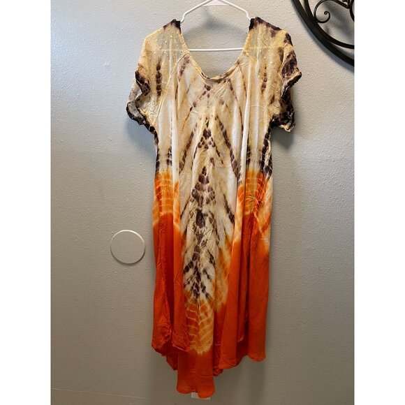 Tie-Dye Womens Free Size Dress Beach By Exist Orange & Brown Floral Embroidery - Picture 4 of 11